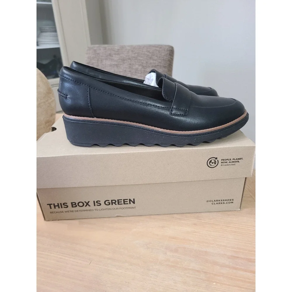 Clarks Sharon Graci Wedge Loafers Womens 10 Black Leather